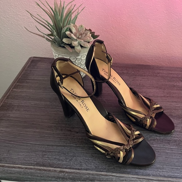 Taryn Rose Shoes Strappy Brown Gold Copper Leather Heels Womens 39 1/2